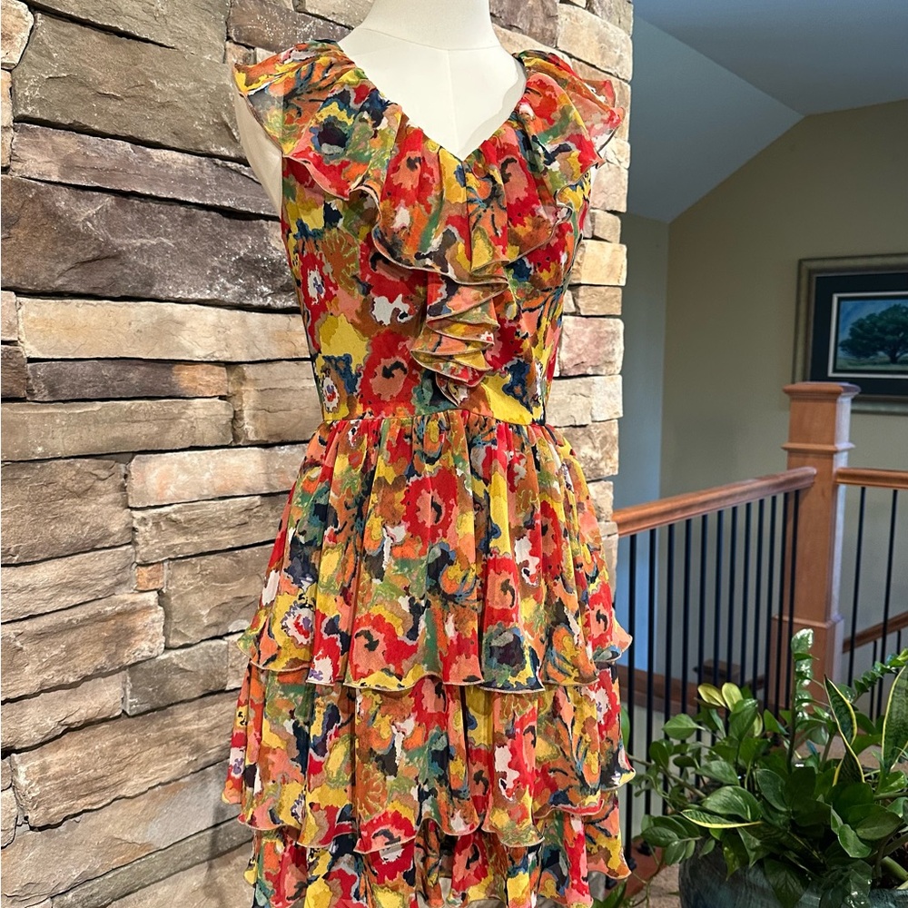 RACHEL ROY abstract floral ruffle mini tea party dress